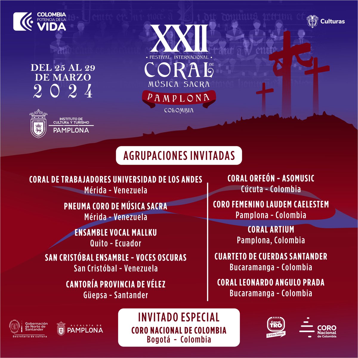 ictpcultural's tweet image. “🎶 ¡Atención Colombia! 🎶 Presentamos la Nómina de Artistas que nos acompañarán en el XXII Festival Internacional Coral de Música Sacra. ¡Prepárense para una experiencia musical única! 🎵 ¡No se lo pueden perder! ✨ 
#MúsicaSacra #SemanaSanta2024 #ICTP2024 #Ficmus2024