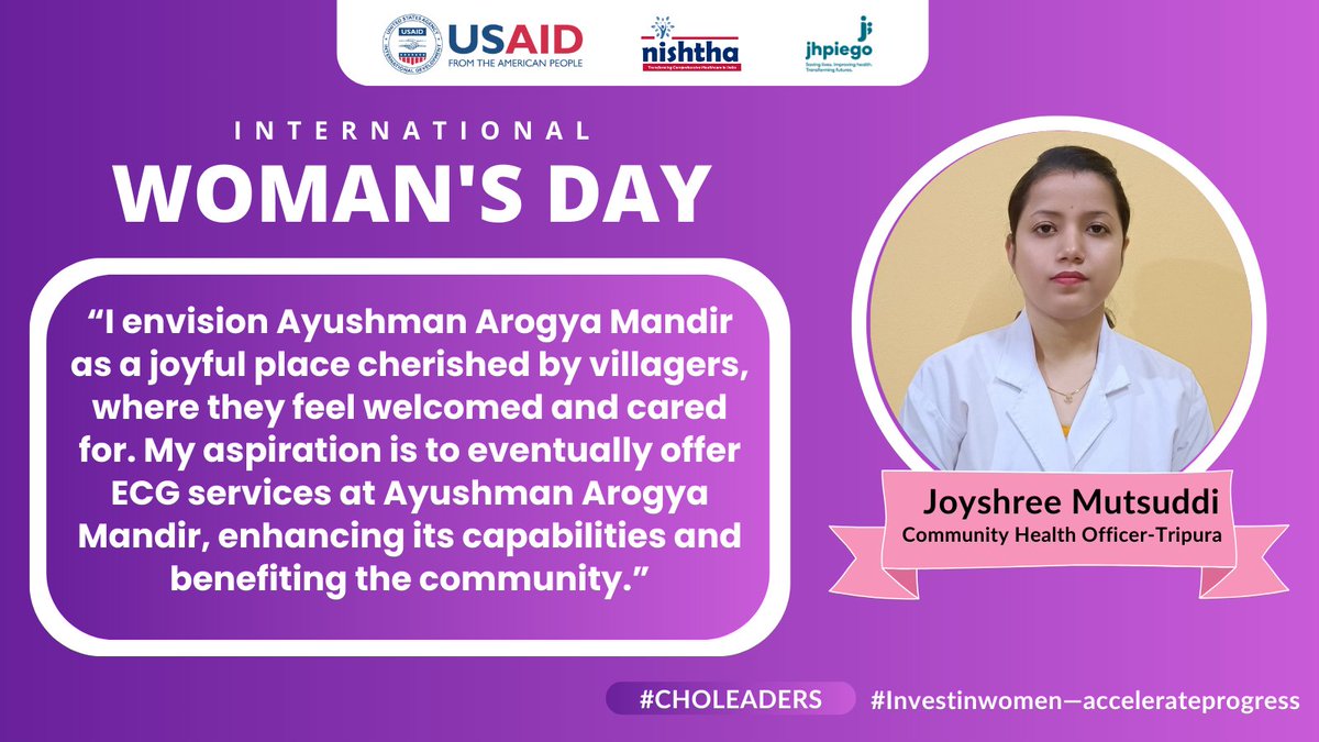 Meet #JoyshreeMutsuddi, a beacon of #healthcare transformation in #Tripura. In just 4 years, she achieved #zeromalariadeaths, 100% #immunization, and #institutionaldelivery, overcoming traditional beliefs. Despite challenges, her dedication led to #NQAScertification. 
#IWD2024