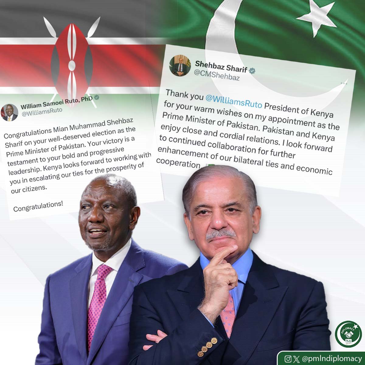 🇵🇰🇰🇪: PM <a href="/CMShehbaz/">Shehbaz Sharif</a> thanks the brotherly country and people of Kenya for their felicitations and looks forward to working with Kenyan leadership and the people for mutual growth and development.

<a href="/ForeignOfficeKE/">State Department for Foreign Affairs | Kenya</a>