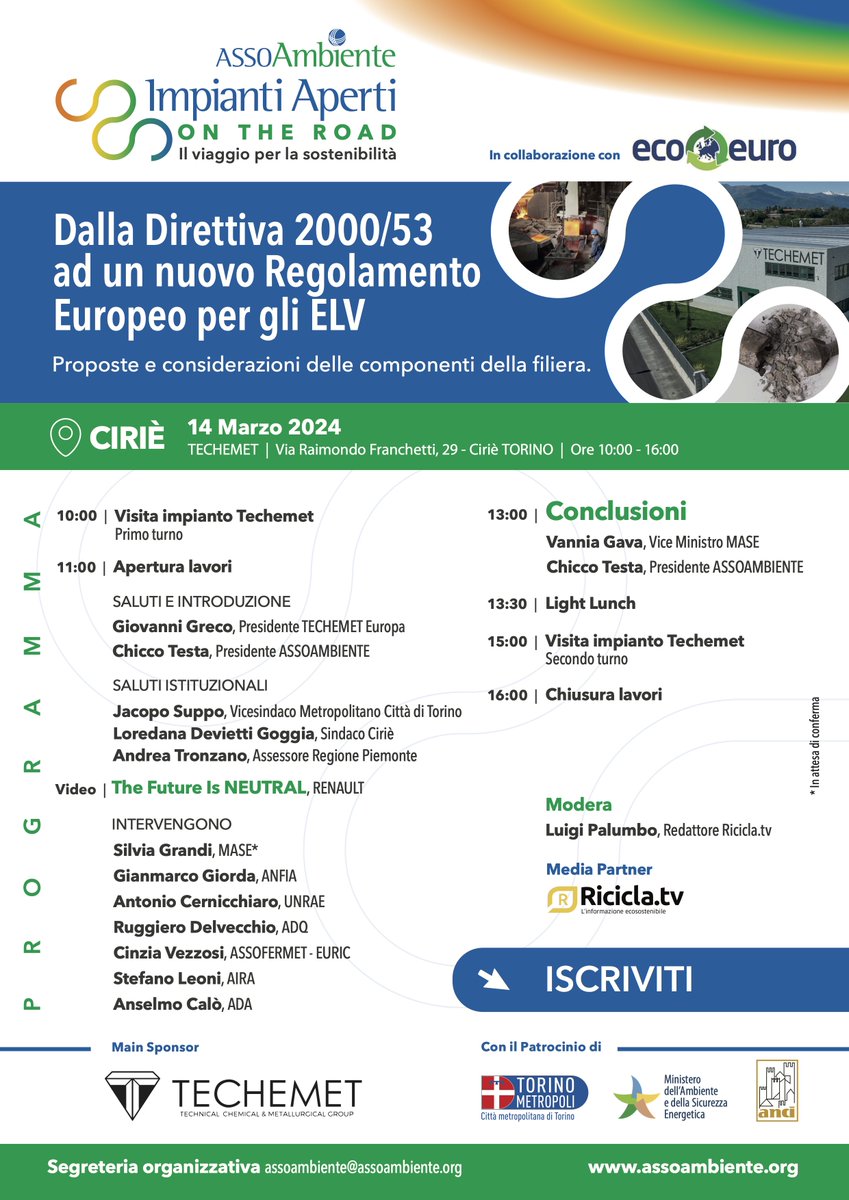 #ImpiantiApertiOnTheRoad
Prende il via il 14 marzo con la visita allo Stabilimento TECHEMET di Ciriè (Torino) il viaggio per la sostenibilità di Assoambiente.
👉 Con il patrocinio di <a href="/MASE_IT/">Ministero Ambiente e Sicurezza Energetica</a>, <a href="/comuni_anci/">comuni_anci</a> e <a href="/CittaMetroTO/">Città MetroTorino</a>. 
👉 Condividiamo il programma della giornata che prevede,