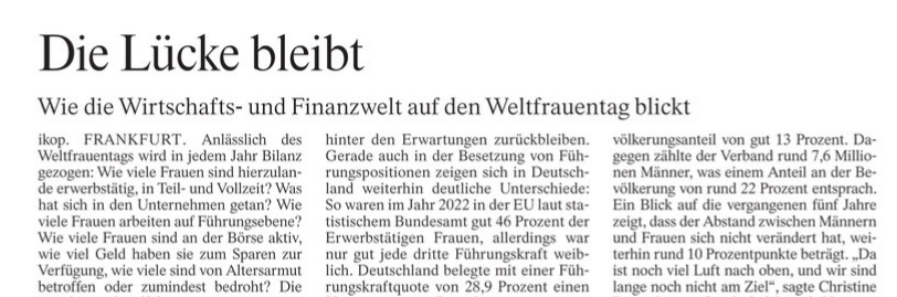 Heute in @FAZ_Finanzen: Die Lücke bleibt - wie die Wirtschafts- und Finanzwelt auf den #Weltfrauentag blickt #Lohnlücke #GenderPayGap #Diversität #GenderEquality #Diversity #InternationalWomensDay @IlkaKopplin