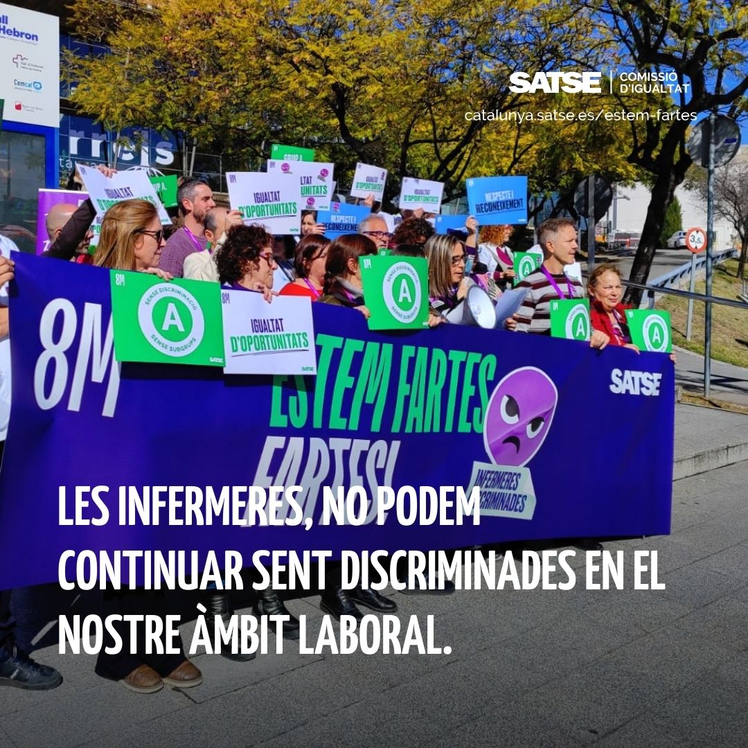 SATSECatalunya's tweet photo. ‼️ Les infermeres, no podem continuar sent discriminades en el nostre àmbit laboral.

📍SATSE Barcelona #8M #EstemFartes #EstamosHartas https://t.co/9gau7OLn1u