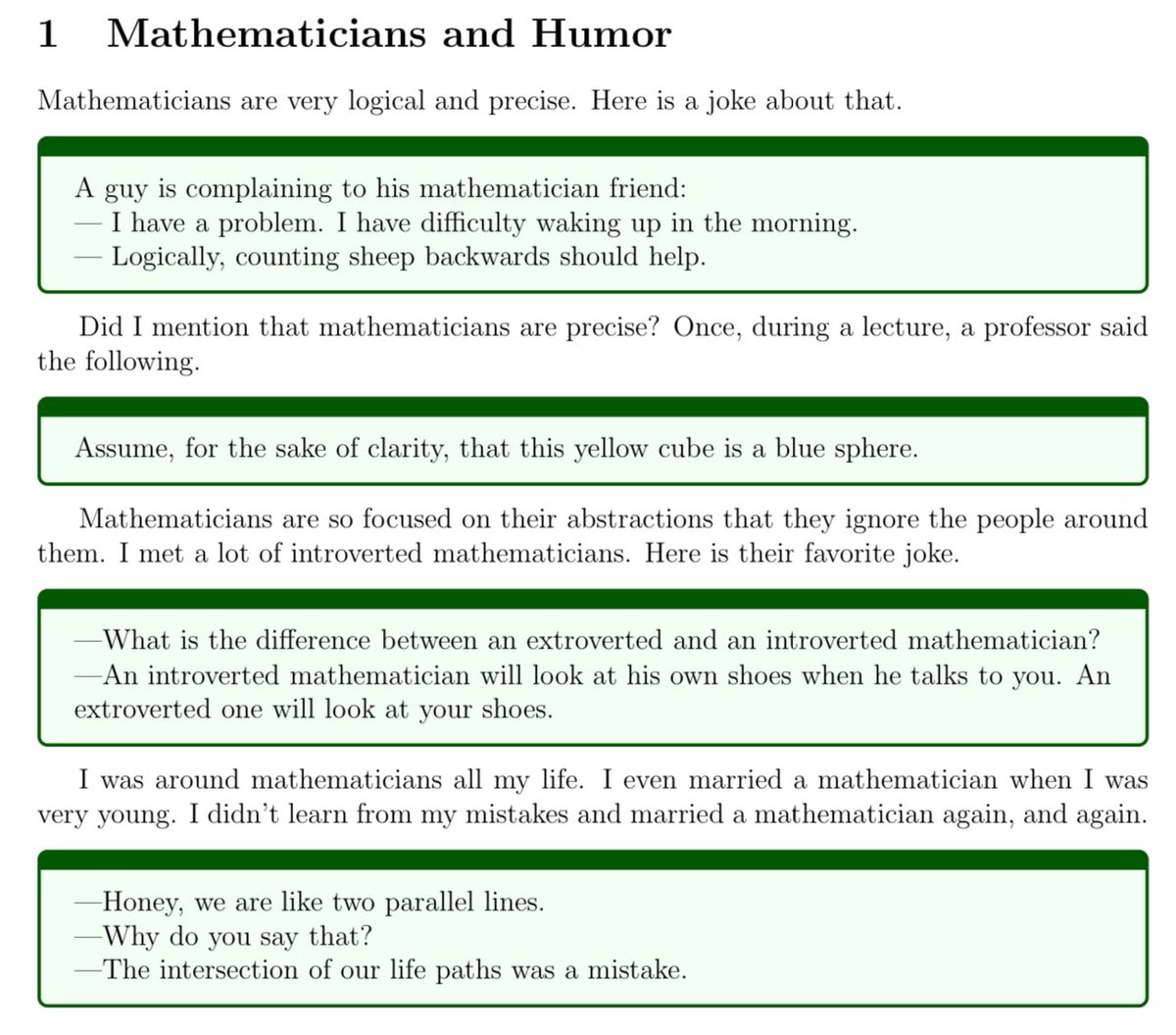 #arXiv My Favorite Math Jokes arxiv.org/abs/2403.01010 “I have more than 400 jokes there. In this paper, which is an extended version of my talk at the G4G15, I would like to present 66 of them.”