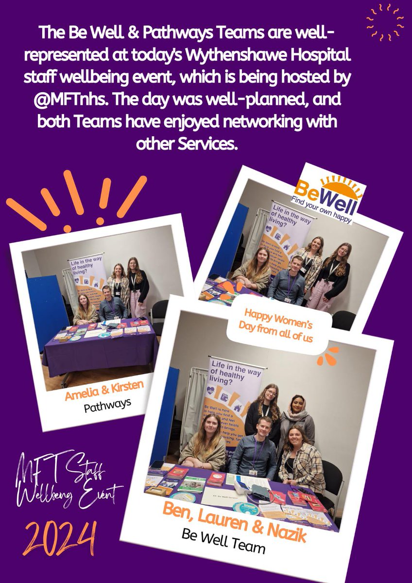 The Be well & Pathways Teams are having a great time networking with other service providers at the Wythenshawe Hospital Staff Wellbeing Event today. It's international women's day too, so happy women's day to all the women out there 😊