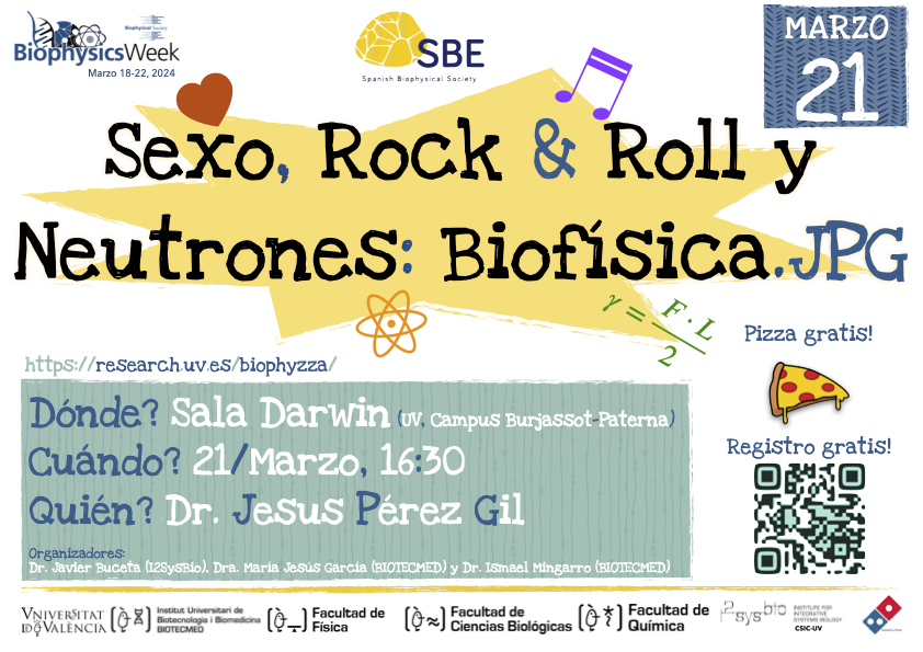 Te interesa la #Biofísica❓
Ven a la charla d <a href="/birloque/">Jesus Perez Gil</a> 'Sexo, Rock&amp;Roll y Neutrones: Biofísica.jpg' y despúes te invitamos a 🍕 y 🍺
📅 21 marzo
⏰ 16:30h
📍 Sala Darwin Campus Burjassot <a href="/UV_EG/">Universitat València</a> 
Colabora: <a href="/dominos/">Domino's Pizza</a> <a href="/BiologiquesUV/">Facultat Biològiques-UV.ES</a> <a href="/FacFisicaUV/">FacFisicaUV</a> @FacQuimicaUVEG <a href="/i2sysbio/">I2SysBio</a> <a href="/_BIOTECMED/">BIOTECMED</a>