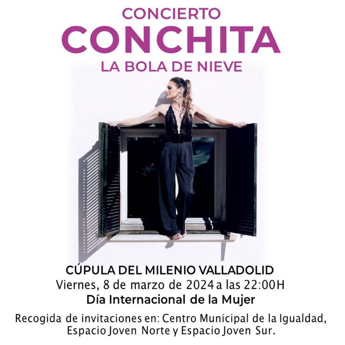 espaciojovennorte.es (@ejnortevll) on Twitter photo HOY viernes 8 de marzo concierto de <a href="/OficialConchita/">Conchita</a> Cúpula del Milenio a las 22:00 horas, con motivo de la celebración del #8M
Puedes recoger tus entradas en el Centro <a href="/IgualdadVallad1/">Centro Municipal de Igualdad de Valladolid</a> y en los dos Espacios Jóvenes. <a href="/ejovensurVA/">Espacio Joven Sur</a> <a href="/EJnorteVLL/">espaciojovennorte.es</a>
Gratuito No te quedes sin la tuya! HOY viernes 8 de marzo concierto de <a href="/OficialConchita/">Conchita</a> Cúpula del Milenio a las 22:00 horas, con motivo de la celebración del #8M
Puedes recoger tus entradas en el Centro <a href="/IgualdadVallad1/">Centro Municipal de Igualdad de Valladolid</a> y en los dos Espacios Jóvenes. <a href="/ejovensurVA/">Espacio Joven Sur</a> <a href="/EJnorteVLL/">espaciojovennorte.es</a>
Gratuito No te quedes sin la tuya!