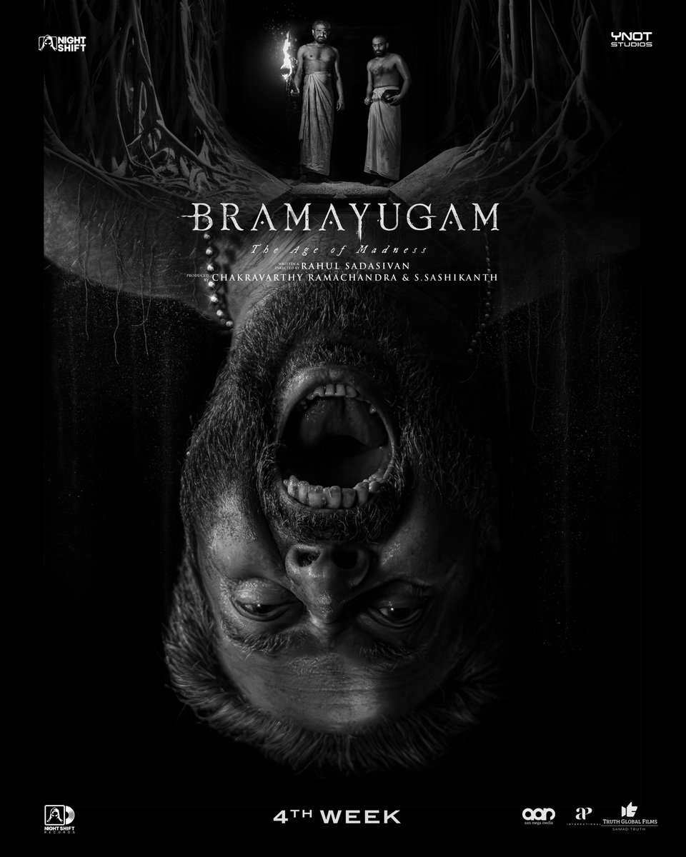 #Bramayugam enters 4th Week in Cinemas Worldwide ! Go watch it in the theatres if you haven't already ! #Bramayugam starring @mammukka Written & Directed by @rahul_madking Produced by @chakdyn @sash041075 @allnightshifts @studiosynot @Truthglobalofcl @AanMegaMedia @APIfilms…