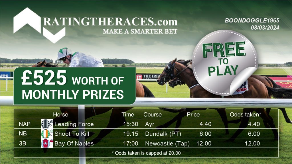My #RTRNaps are: Leading Force @ 15:30 Shoot To Kill @ 19:15 Bay Of Naples @ 17:00 Sponsored by @RatingTheRaces - Enter for FREE here: bit.ly/NapCompFreeEnt…