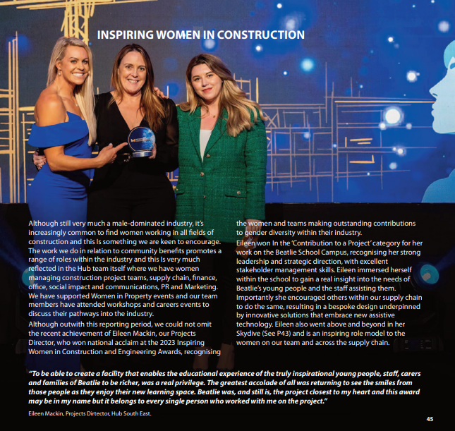 It's #IWD2024 and what better a time to throw back to last year when our Projects Director Eileen Mackin won an #InspiringWomenInConstructionAndEngineering Award for her work on the Beatlie School Campus. We're proud to have such skilled, talented & inspiring women on #TeamHub