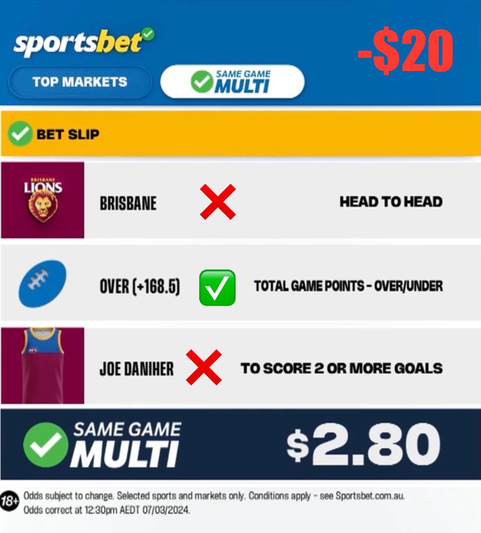 BRI v CAR 8/3/2024
RETURN: -$20
YTD: -$40
#AFL
#AFLLionsBlues
#NoBets4kids