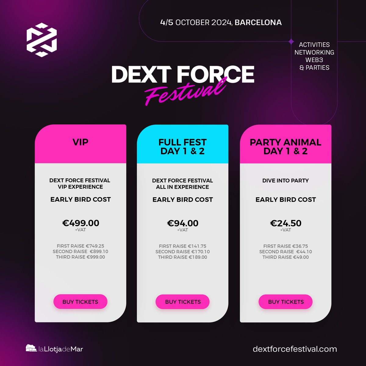 Buy your tickets NOW with a 50% discount 🚀
Find details and more options on our website 💯

dextforcefestival.com

#DextForceFestival #Web3Festival #Barcelona2024 #DextForceFestival2024