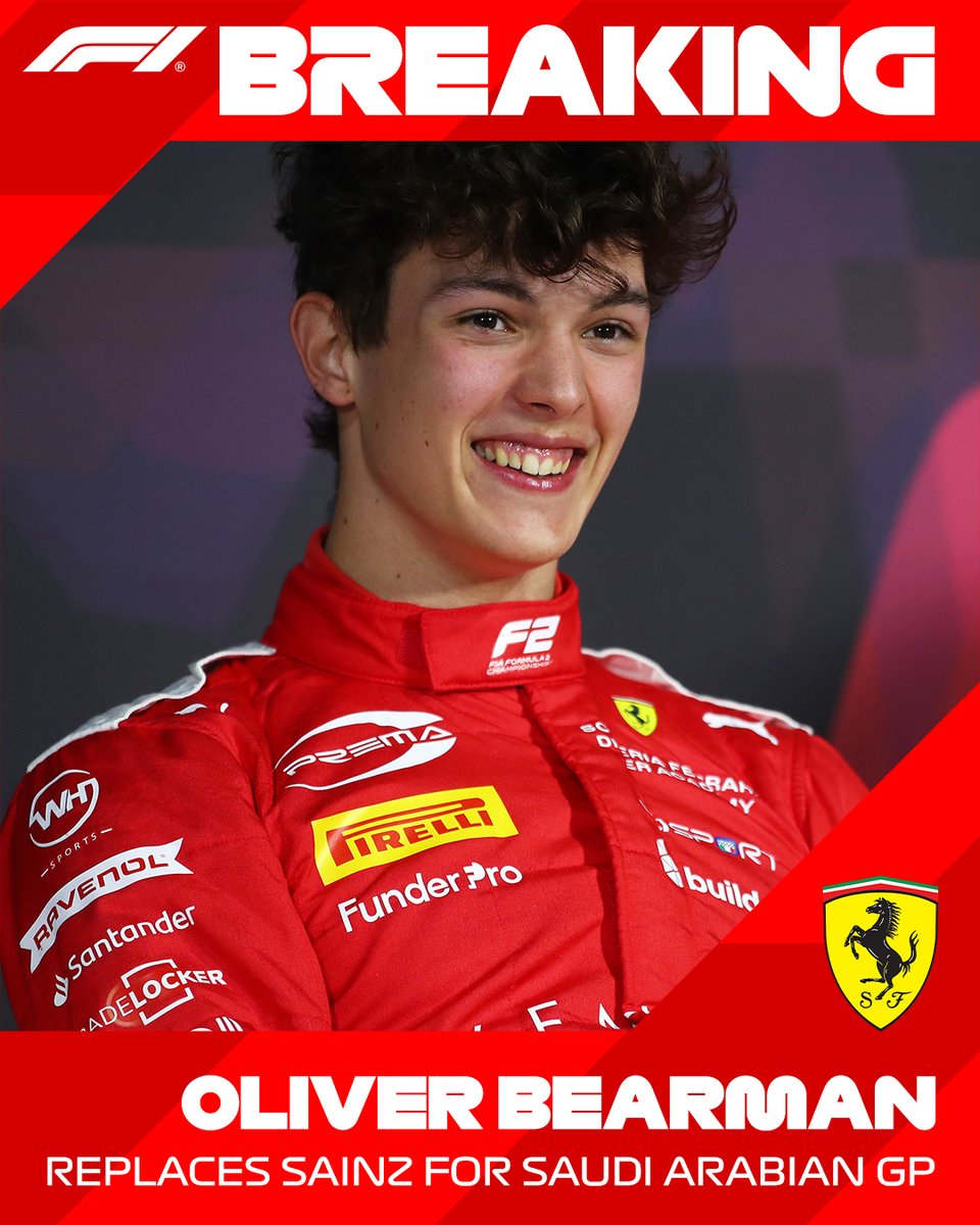 Oliver Bearman is set to make his F1 debut stepping in for Carlos Sainz. Carlos has been diagnosed with appendicitis and will require surgery. Get well soon Carlos 🙏 #F1 #SaudiArabianGP