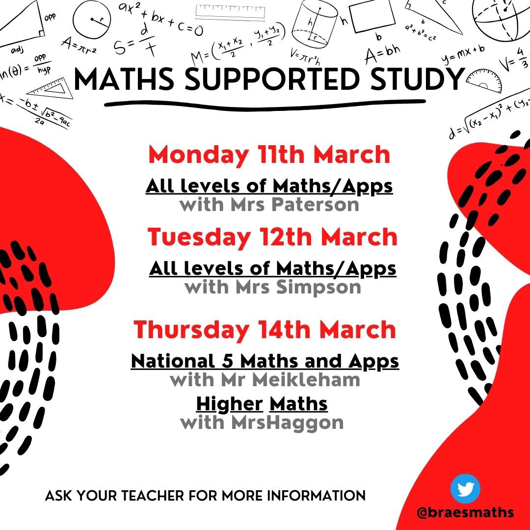The hard work continues next week, not long now before the beginning of the exam diet! Get along to supported study, to ask any questions you have or get extra help with challenging topics #onelastpush @BraesHigh