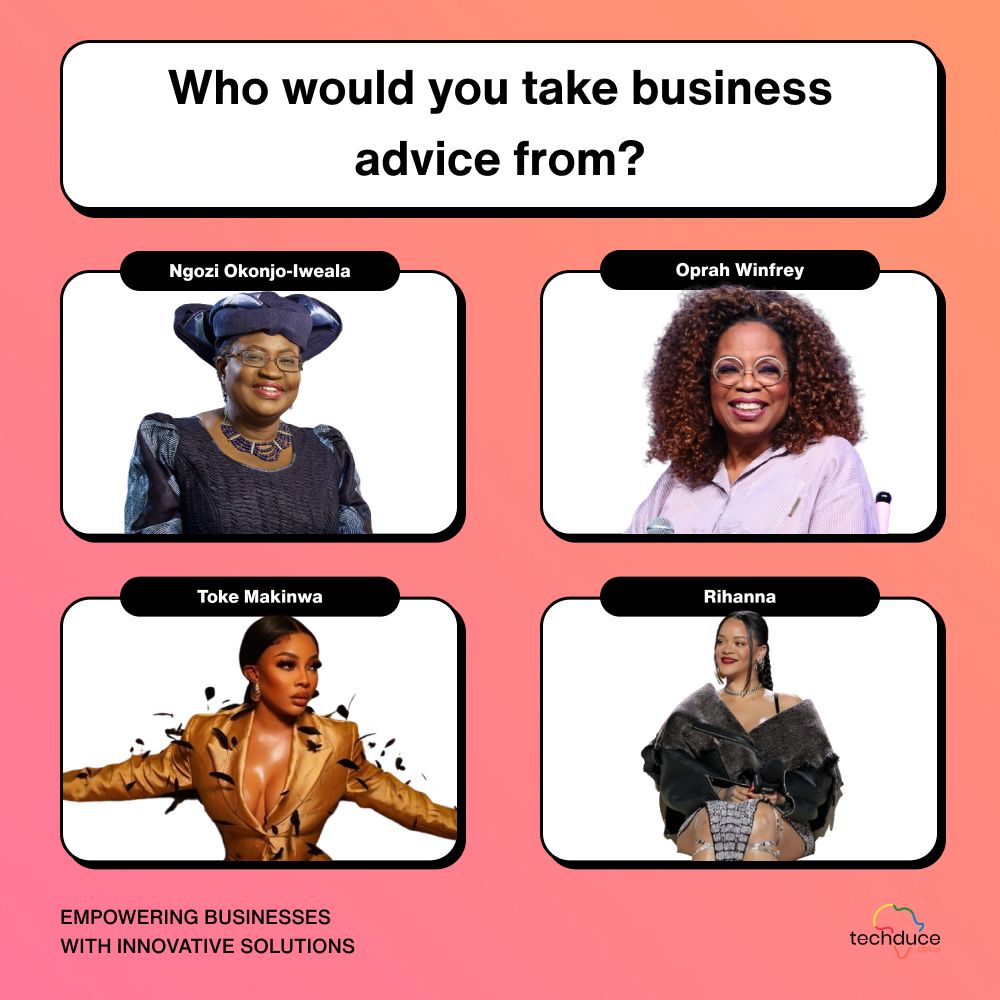 TechduceA's tweet photo. Happy Women’s Day 
Which of these successful women would you take business advice from?

Oprah Winfrey
Rihanna
Toke Makinwa
Ngozi Okonjo-Iweala https://t.co/n2zrkhaHKz