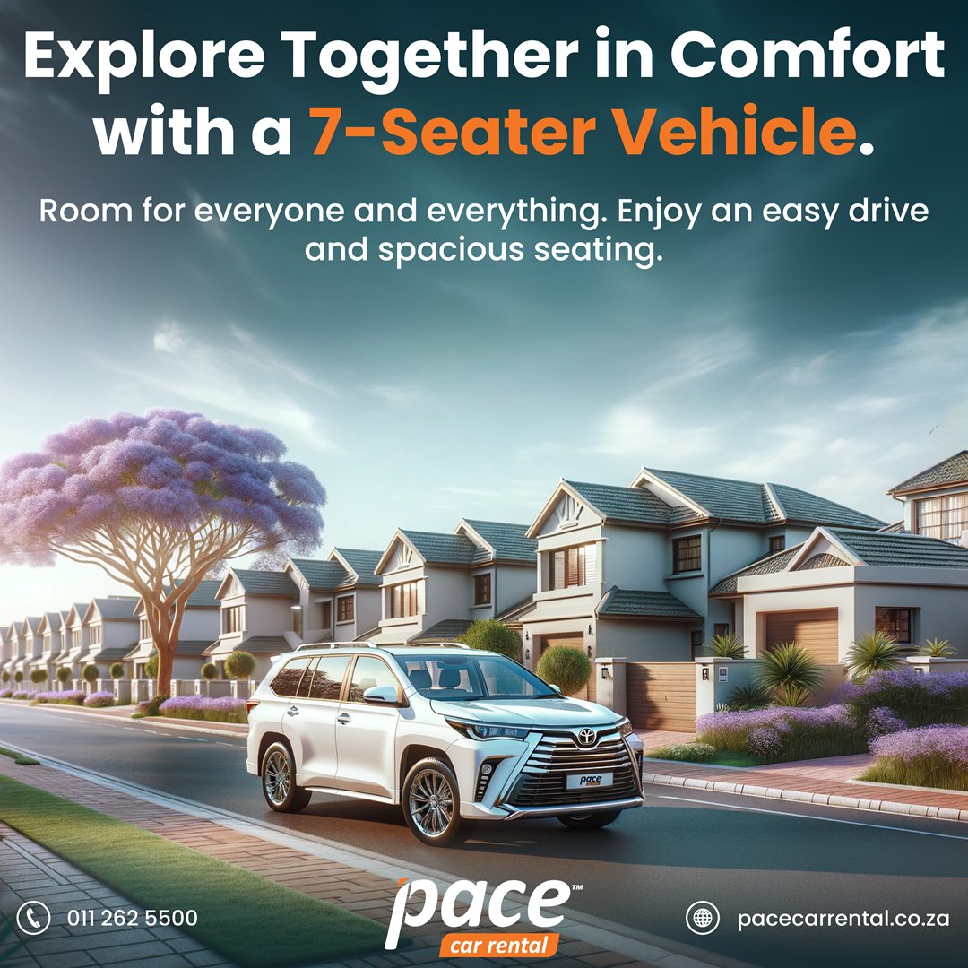 PaceCarRental1's tweet image. Take family trips to the next level with our luxurious 7-seater SUVs! 🚗✨Discover the joy of group travel without compromising on comfort or space. Call us at 011 262 5500 or visit pacecarrental.co.za to book your spacious ride today. #FamilyTravel #ComfortDrive #MinibusHire