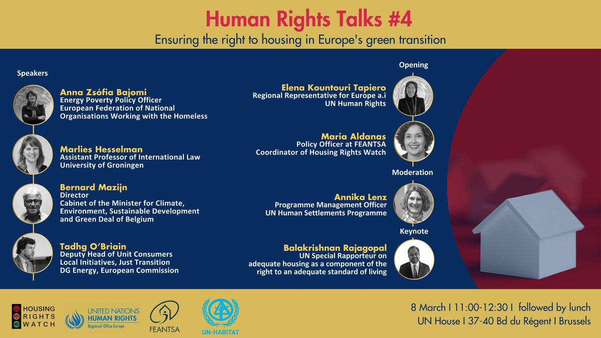 UNHumanRightsEU's tweet photo. The right to housing needs to be supported sustainably! There cannot be green and just transition without human rights in its basis!

Today, the #HumanRightsTalk #4 welcomed the UN special rapporteur on @adequatehousing and leading expert to discuss the issue.

#JustTransition https://t.co/mUH9njB0fA