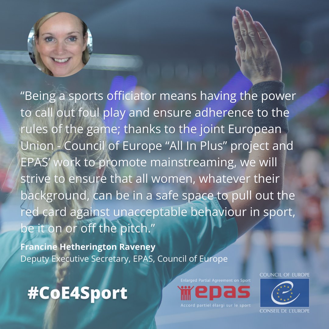 Ensuring that all women can pull out the red card against unacceptable behaviour in sport – @FrancineRaveney, Deputy Executive Secretary of EPAS @CoE, moderated the roundtable on future steps in gender equality and sport officiating #CoE4Sport