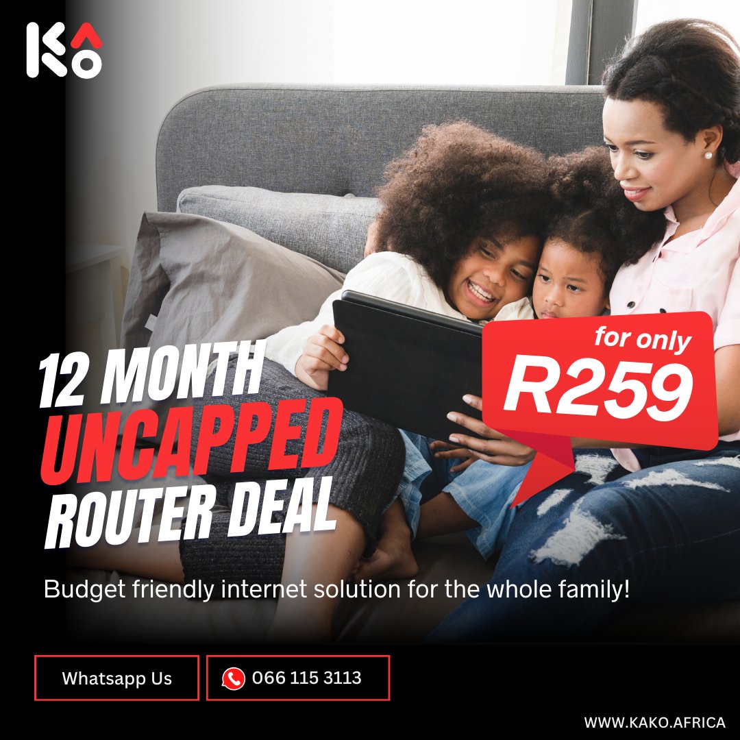 Plunge into our exclusive 12-month Uncapped Home Router Data Deal, available for only R259 this season! 

Reach out to us on WhatsApp at 066 115 3113 to ignite your journey to high-speed connections today!

#datadeals #endlessconnectivity #johannesburg #gauteng #cosmocity #KaKo