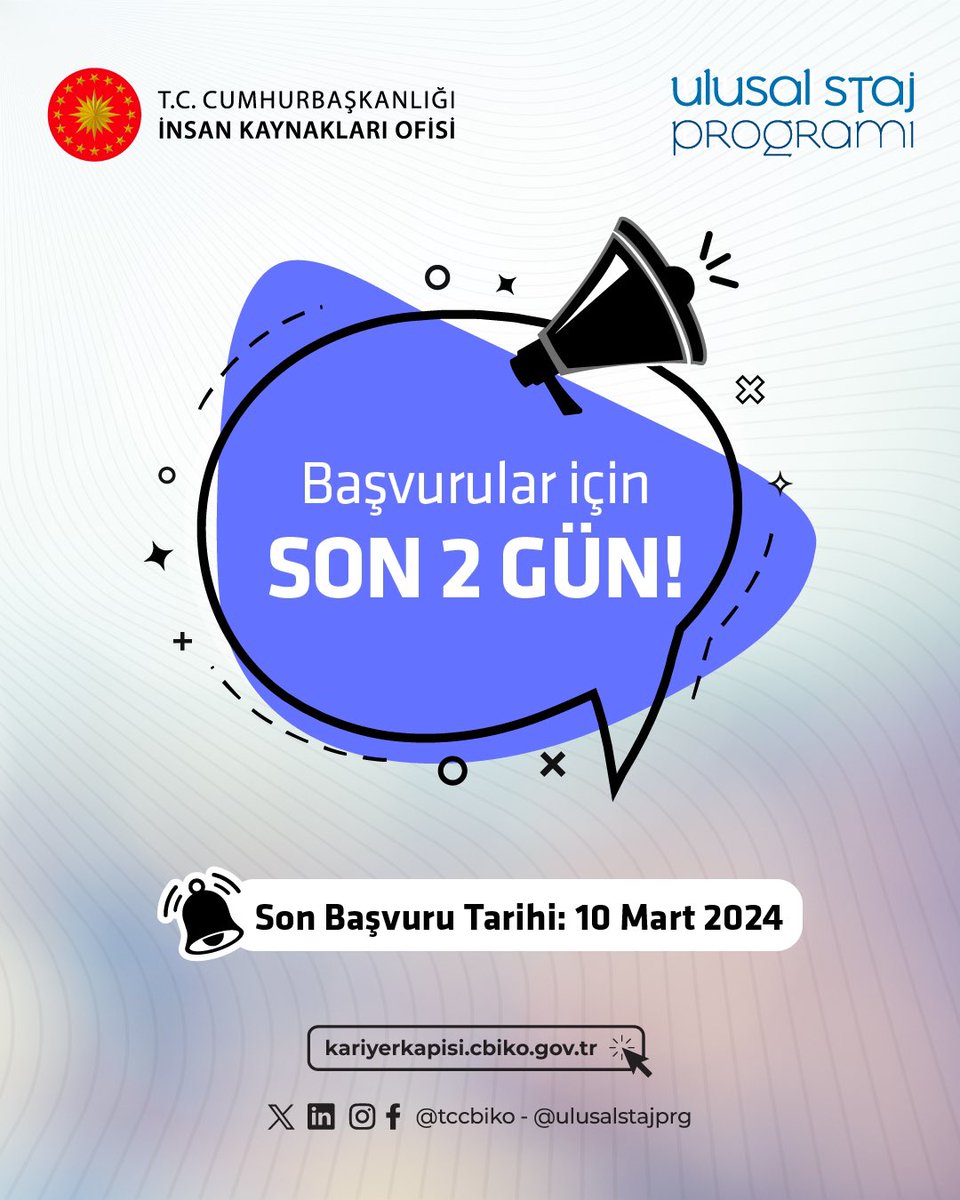 Başvuruların kapanmasına çok az kaldı! Kamu kurumları ve özel sektör kuruluşlarından 7 binin üzerinde işverenin yer aldığı #UlusalStajProgramı için son başvuru tarihi 10 Mart 2024. 🤓 @tccbiko @kariyerkapisi #USP