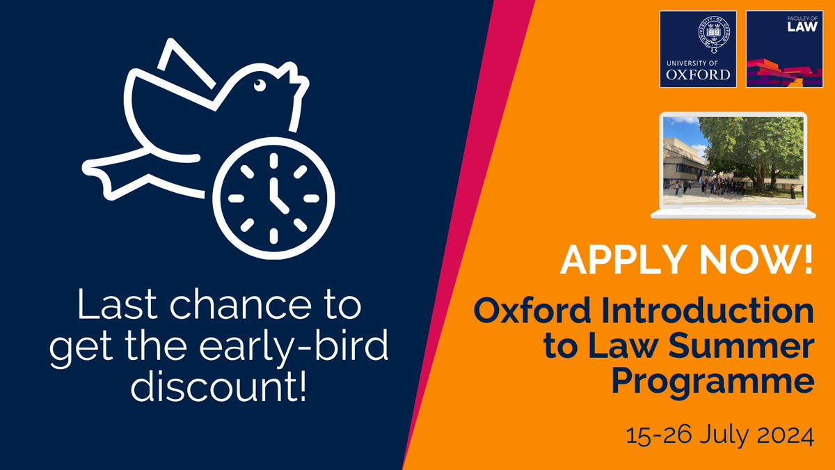 Learn all about UK law online from our world-leading for two weeks this summer at the discounted rate of £2,000. Discount expires on 1 May so now is the time to register. bit.ly/4akzzO3 #oxfordlaw #summerprogramme #earlybird #lawschool