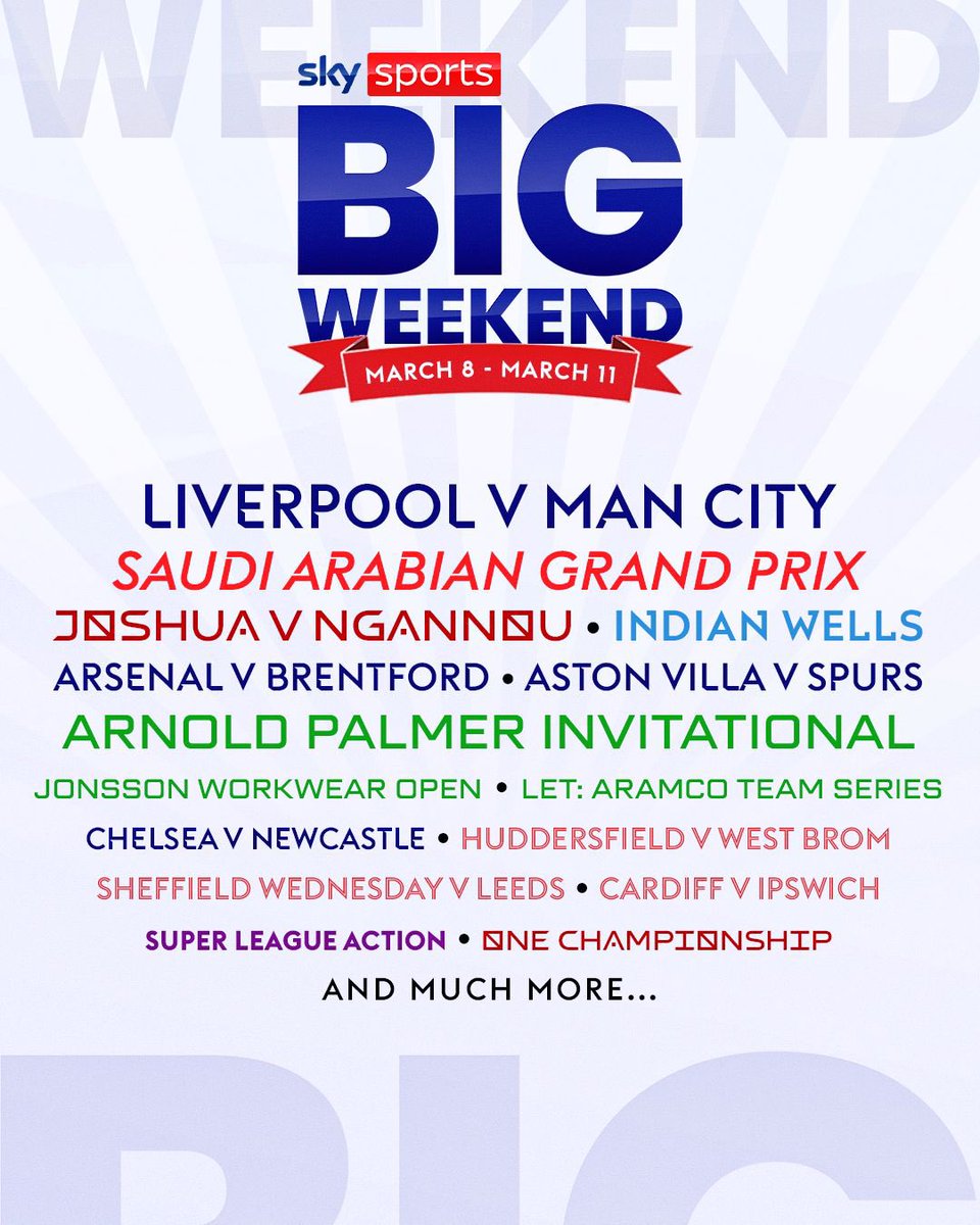 If anyone needs me this weekend, I’ll be on my sofa 🍿 A seriously BIG WEEKEND with all of this (and more) live on @SkySports Don’t miss it! ⚽️🥊🏎️⛳️🏉🎾