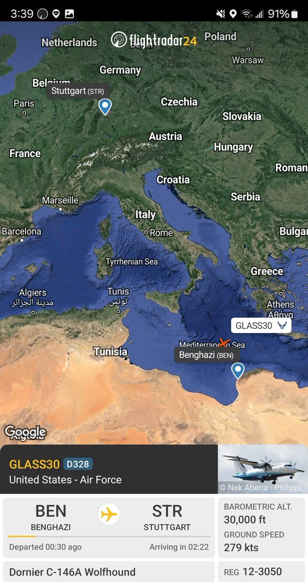 Borrowed7Time's tweet photo. USAF Special Operation Command C-146A Wolfhound 12-3050 #AE68BC as GLASS30 departed Benghazi for Stuttgart. https://t.co/1gLqGRrLho