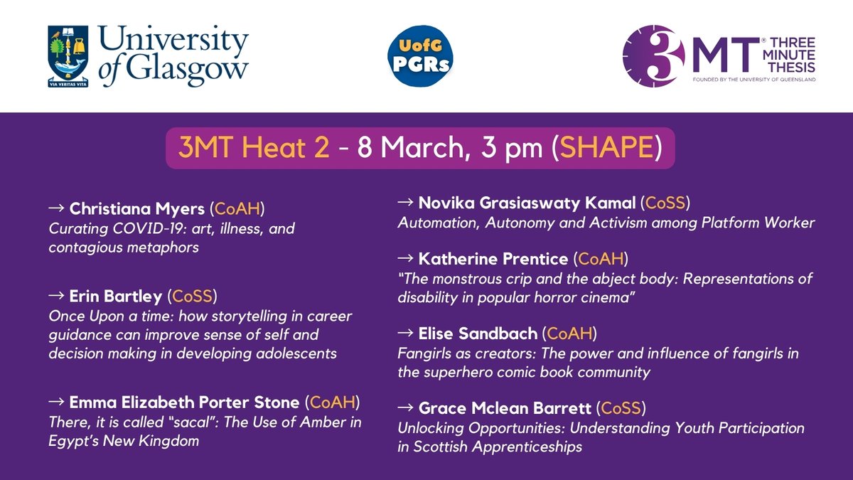 🔥 Check the running order of today's Heat 2 of Three Minute Thesis competition! #UofG3MT2024
This time, we will have a spectrum of #3MT presentations from PhD students across <a href="/UofGSocSci/">UofG Social Sciences</a> 🧑‍🤝‍🧑 and <a href="/UofGArtsHums/">UofG Arts & Humanities</a> 🎨

➡️ Join us today at 3 pm! ⏰
🔗 rebrand.ly/3mt-2024-audie…