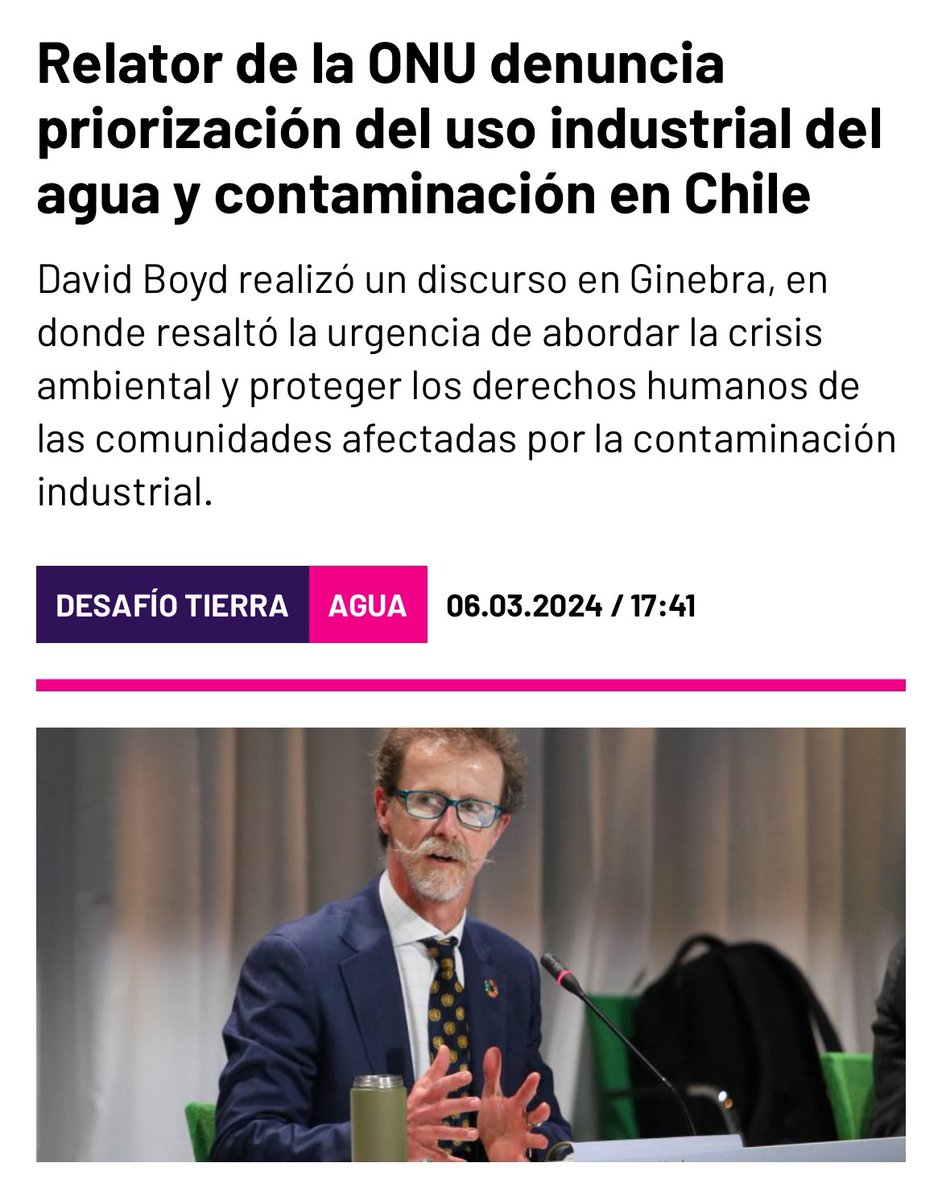 En Chile el agua siempre a tenido dueños. Por eso el relator de la ONU David Boyd, denuncio la priorización de esta hace unos días en Ginebra resaltando la urgencia en abordar la crisis ambiental y proteger los derechos humanos.

bit.ly/3TbfamR