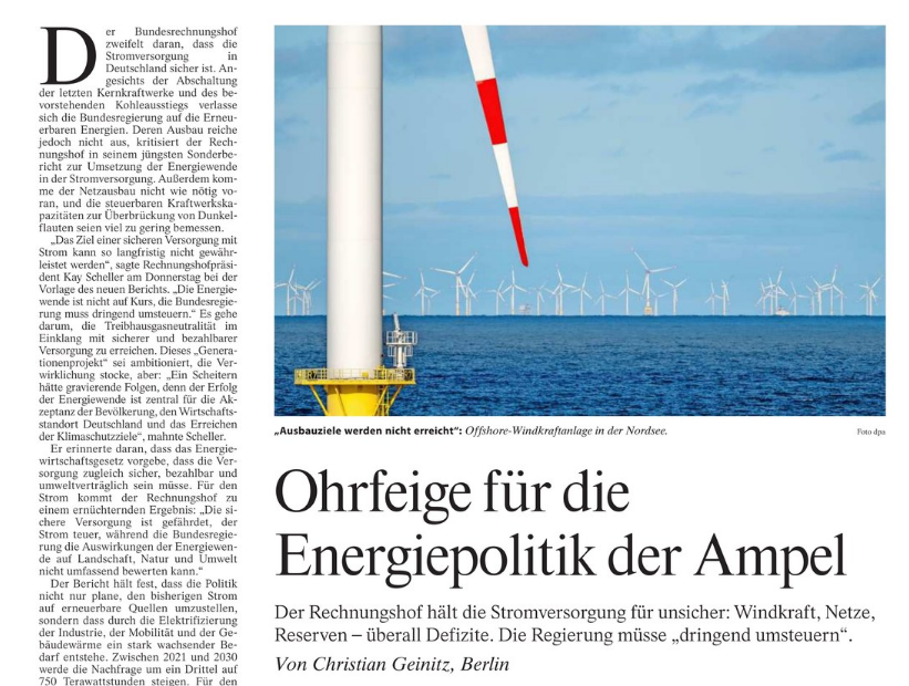 BakerMcGER's tweet photo. Heute in @FAZ_Wirtschaft: Ohrfeige für die #Energiepolitik der Ampel. Der Rechnungshof hält die #Stromversorgung für unsicher: #Windkraft, Netze, Reserven – überall Defizite. Die Regierung müsse „dringend umsteuern“ #Energie #energy https://t.co/PlIKgchxGC