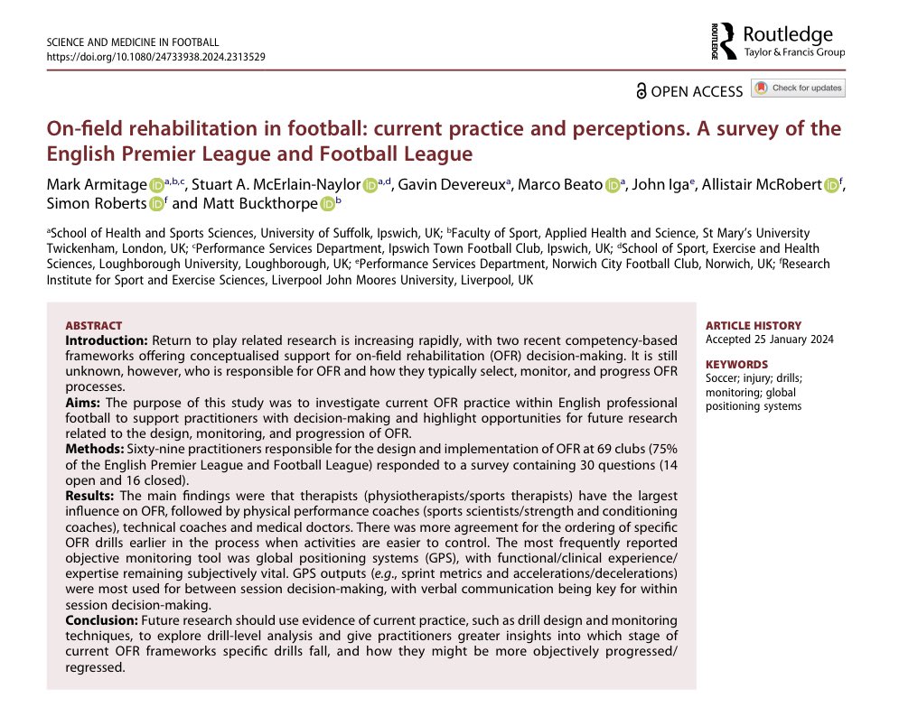 Pleased to finally get this paper finished and published, ‘On-field #rehabilitation in #football: Current practice and perceptions. A survey of the @premierleague and @EFL’. tandfonline.com/doi/epdf/10.10… Thanks again to my supervisory team and everyone who took part in the survey 🙏🏻