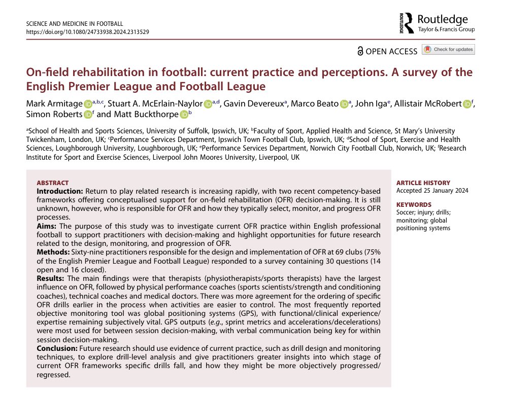 Pleased to finally get this paper finished and published, ‘On-field #rehabilitation in #football: Current practice and perceptions. A survey of the <a href="/premierleague/">Premier League</a> and <a href="/EFL/">EFL</a>’.

tandfonline.com/doi/epdf/10.10…

Thanks again to my supervisory team and everyone who took part in the survey 🙏🏻
