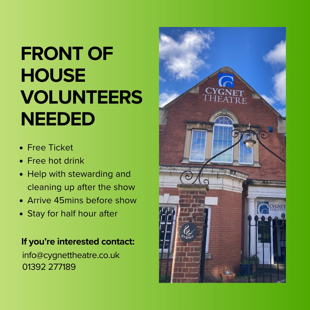 VOLUNTEERS NEEDED

If you're interested in volunteering for Cygnet Theatre, please email info@cygnettheatre.co.uk or call 01392 277189

#exeter #devon #cygnettheatre #theatre #whatson #inexeter #visitexeter #eastdevon #supportlocal #indie #volunteer #volunteeropportunity