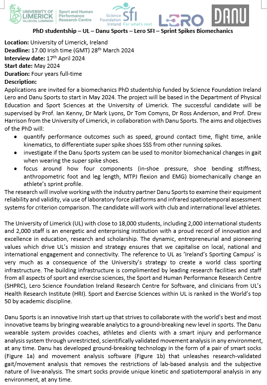 IanCKenny's tweet image. PhD in sprint spike shoes biomechanics🏃‍♀️
Applications invited for funded PhD @UL closing March 28th. DM or ian.kenny@ul.ie
Passion for athlete testing and biomechanics? Interested in sports tech wearables? 
Work in a big team
@SportHumanPerf @DanuSports @LeroCentre @scienceirel