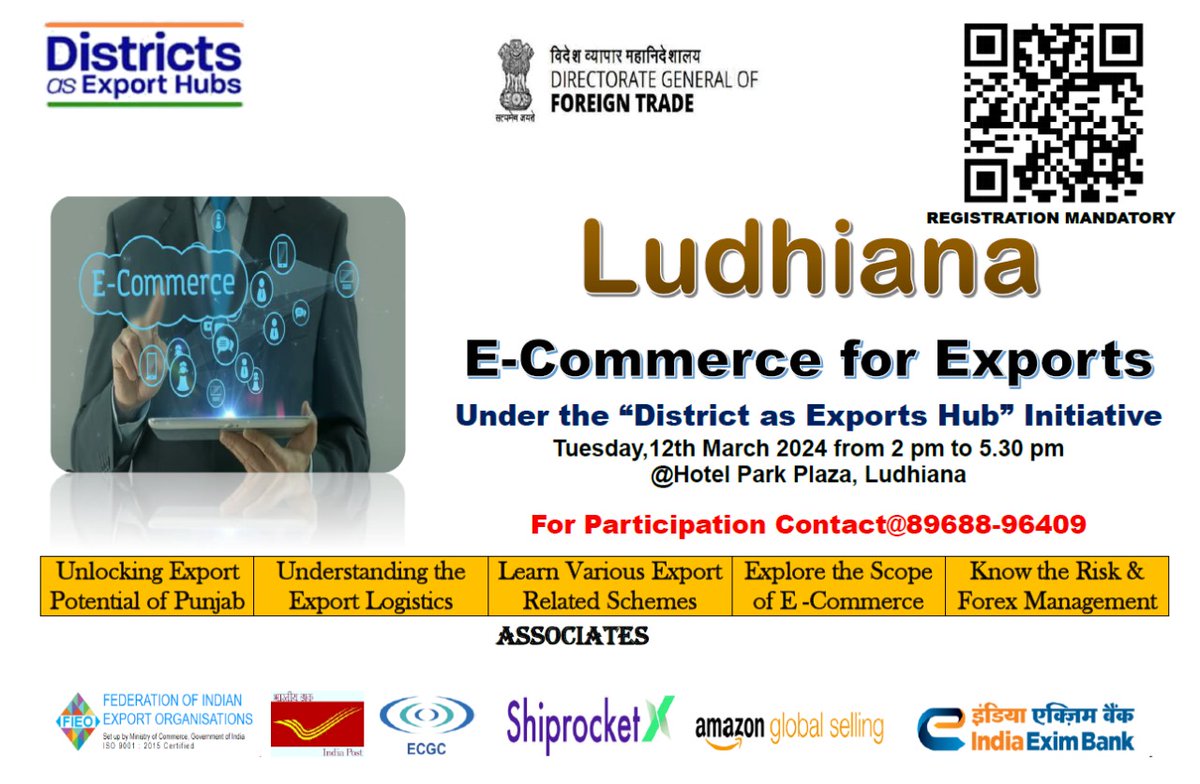 We welcome all exporters and #MSME from Ludhiana to join us at the 'E-Commerce Export Summit' on 12 March 2024 Under the DEH Initiative, explore the global markets by leveraging e-commerce platforms & govt schemes Register: forms.gle/pKKyaJAngDLGTF… #trade #exports #MakeInIndia