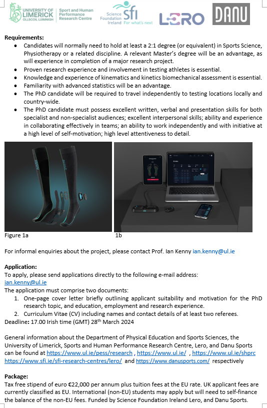 Ian Kenny (@ianckenny) on Twitter photo PhD in sprint spike shoes biomechanics🏃♀️
Applications invited for funded PhD <a href="/UL/">University Of Limerick</a> closing March 28th. DM or ian.kenny@ul.ie
Passion for athlete testing and biomechanics? Interested in sports tech wearables?
Work in a big team
<a href="/SportHumanPerf/">SHPRC</a> <a href="/DanuSports/">Danu</a> <a href="/LeroCentre/">Lero</a> @scienceirel PhD in sprint spike shoes biomechanics🏃♀️
Applications invited for funded PhD <a href="/UL/">University Of Limerick</a> closing March 28th. DM or ian.kenny@ul.ie
Passion for athlete testing and biomechanics? Interested in sports tech wearables?
Work in a big team
<a href="/SportHumanPerf/">SHPRC</a> <a href="/DanuSports/">Danu</a> <a href="/LeroCentre/">Lero</a> @scienceirel