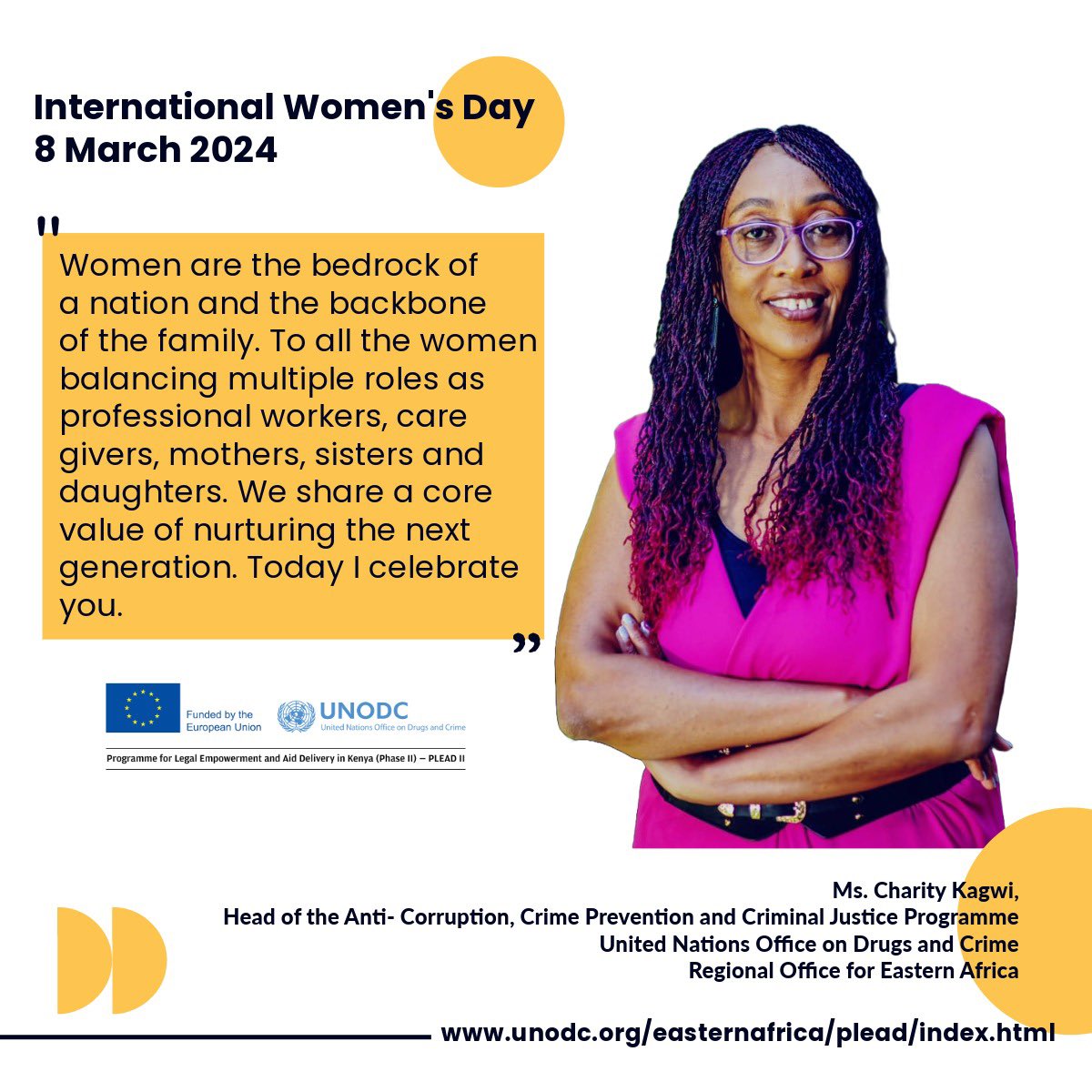 Through #PLEADyetu, UNODC applauds the extraordinary women juggling multiple roles as professionals, caregivers, mothers, sisters, and daughters – your nurturing spirit shapes the future. Today, we celebrate you.
#InternationalWomensDay2024 #InvestInWomen #PLEADyetu