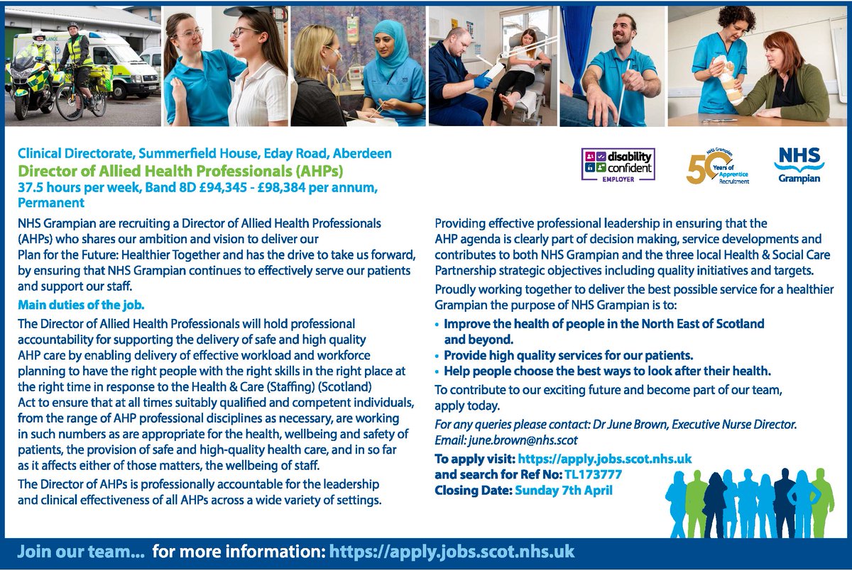 We're recruiting a Director of AHPs who shares our ambition and vision to deliver our Plan for the Future: Healthier Together and has the drive to take us forward, by ensuring that we continue to effectively serve our patients and support our staff: apply.jobs.scot.nhs.uk/Job/JobDetail?…