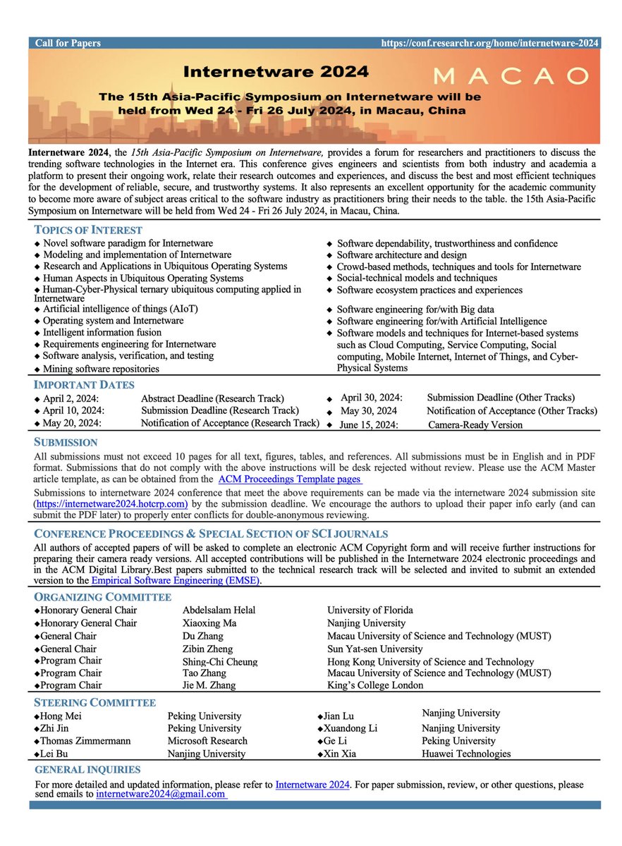 Go Go Go! Welcome to submit your papers to Internetware 2024. The abstract deadline is April 2, 2024 and the Full Paper due date is April 10, 2024.