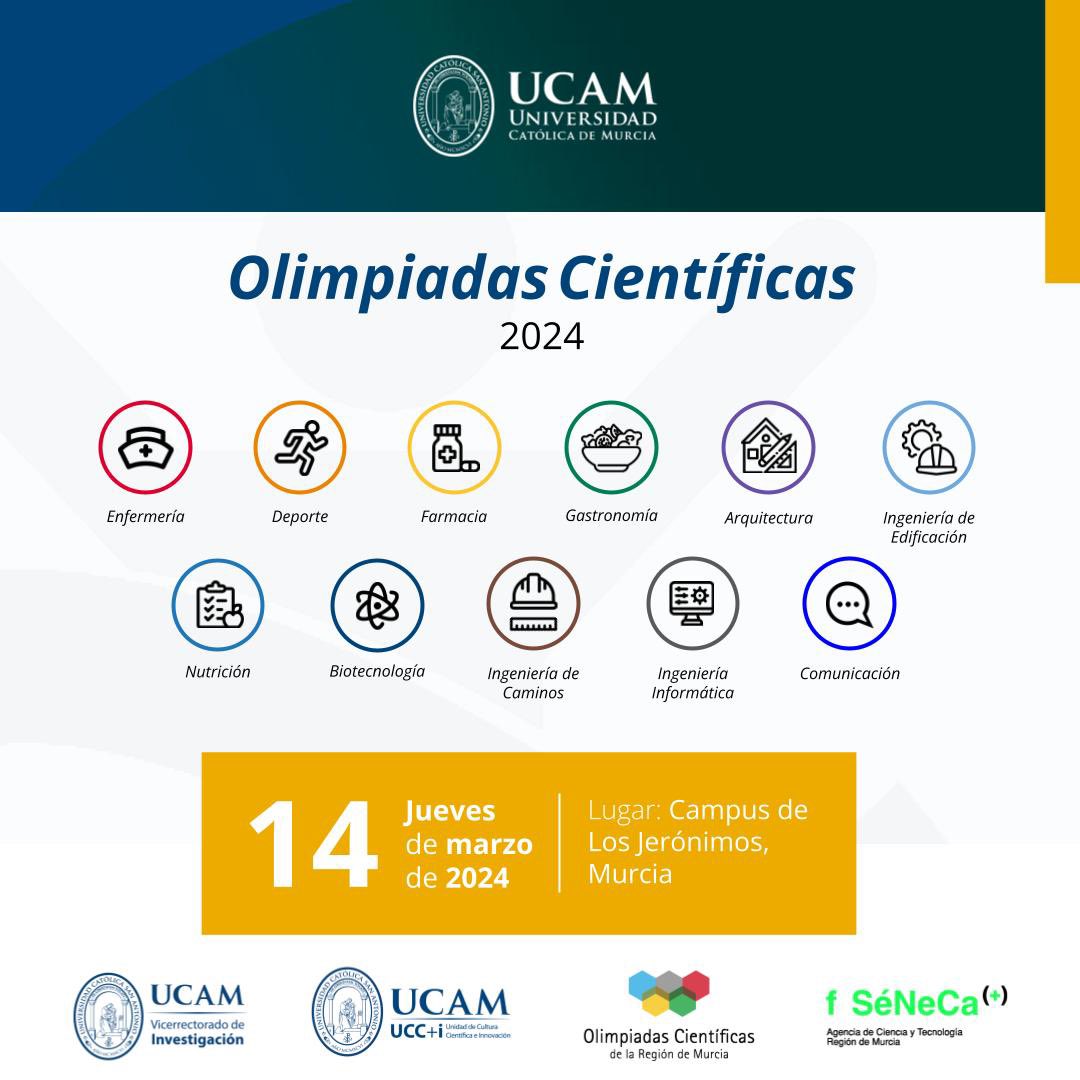 FPUCAM's tweet photo. 📢 Olimpiadas Científicas 2024❗️
🗓️ Jueves, 14 de marzo
📍Campus de los Jerónimos, Murcia
#ucamfp #formacionprofesional #olimpiadascientificas https://t.co/H5aNuAdwe0