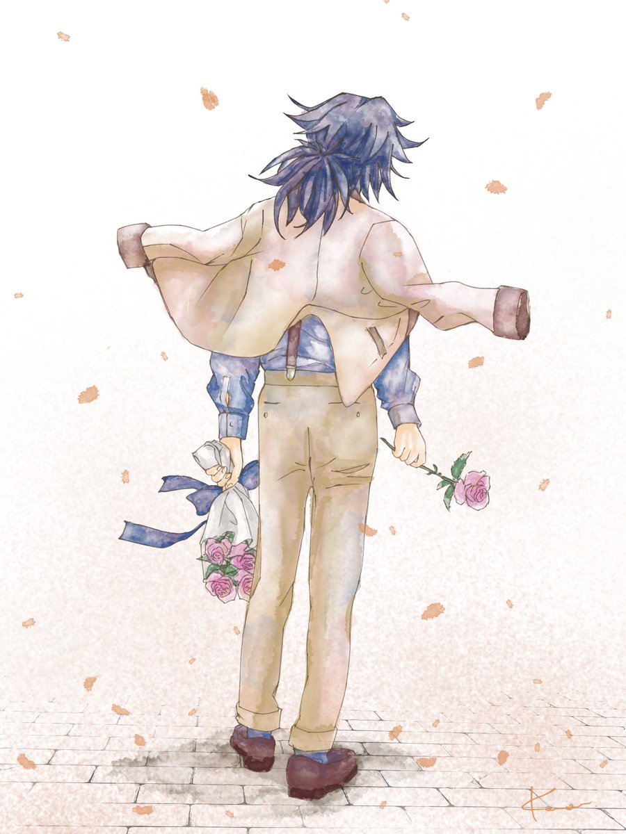 flower solo 1boy bouquet holding pants male focus  illustration images