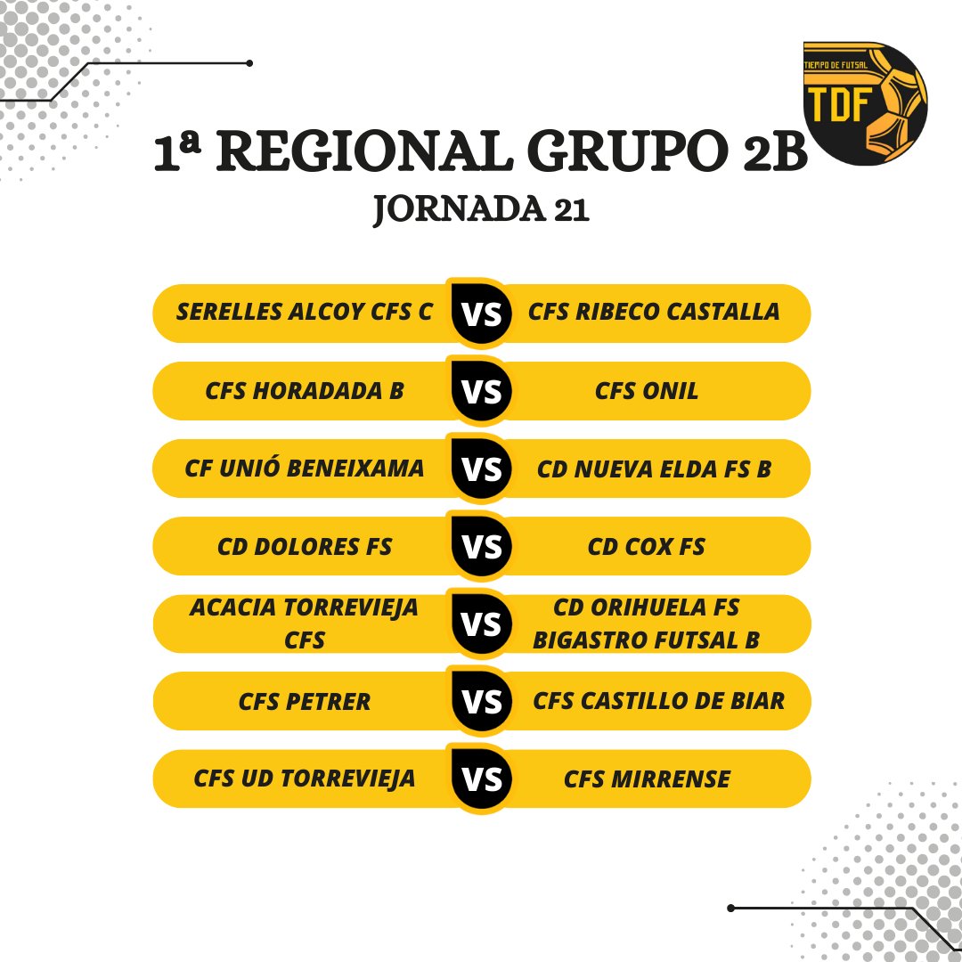 Tiempo de Futsal (@tdfutsal) on Twitter photo 1ª 𝘙𝘌𝘎𝘐𝘖𝘕𝘈𝘓. 𝘑𝘖𝘙𝘕𝘈𝘋𝘈 21
𝗚𝗥𝗨𝗣𝗢 𝟮𝗔
⭐ El <a href="/elchecfsala/">Elche C.F. Sala Decokeden Pintores</a> B visita el "Pau Gasol" con la intención de no dejar escapar el último tren al ascenso ante un @CFSLAlfas B intratable en el liderato.
💥 La jornada se cerrará en "Garganes" con el 𝘥𝘦𝘳𝘣𝘪 por 1ª 𝘙𝘌𝘎𝘐𝘖𝘕𝘈𝘓. 𝘑𝘖𝘙𝘕𝘈𝘋𝘈 21
𝗚𝗥𝗨𝗣𝗢 𝟮𝗔
⭐ El <a href="/elchecfsala/">Elche C.F. Sala Decokeden Pintores</a> B visita el "Pau Gasol" con la intención de no dejar escapar el último tren al ascenso ante un @CFSLAlfas B intratable en el liderato.
💥 La jornada se cerrará en "Garganes" con el 𝘥𝘦𝘳𝘣𝘪 por