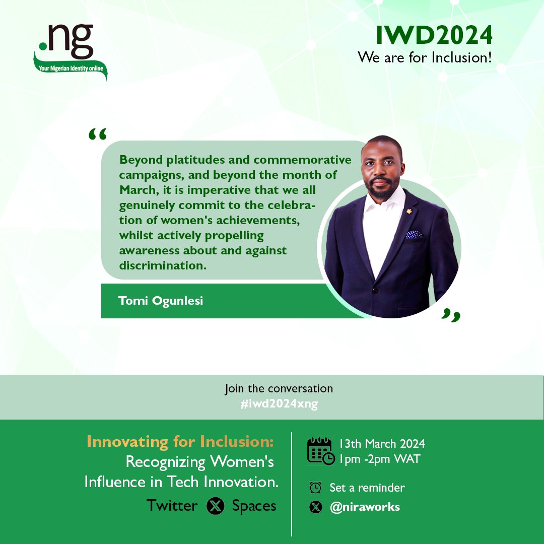 NiRA (@niraworks) on Twitter photo We are lending our voices for women’s inclusion.
<a href="/aTOMIcOgunlesi/">Tomi Ogunlesi</a> proudly supports the .ng 'We Are For Inclusion' campaign for women, as we firmly believe in equity and diversity for a better future.
#ngxIWD2024 #IWD We are lending our voices for women’s inclusion.
<a href="/aTOMIcOgunlesi/">Tomi Ogunlesi</a> proudly supports the .ng 'We Are For Inclusion' campaign for women, as we firmly believe in equity and diversity for a better future.
#ngxIWD2024 #IWD