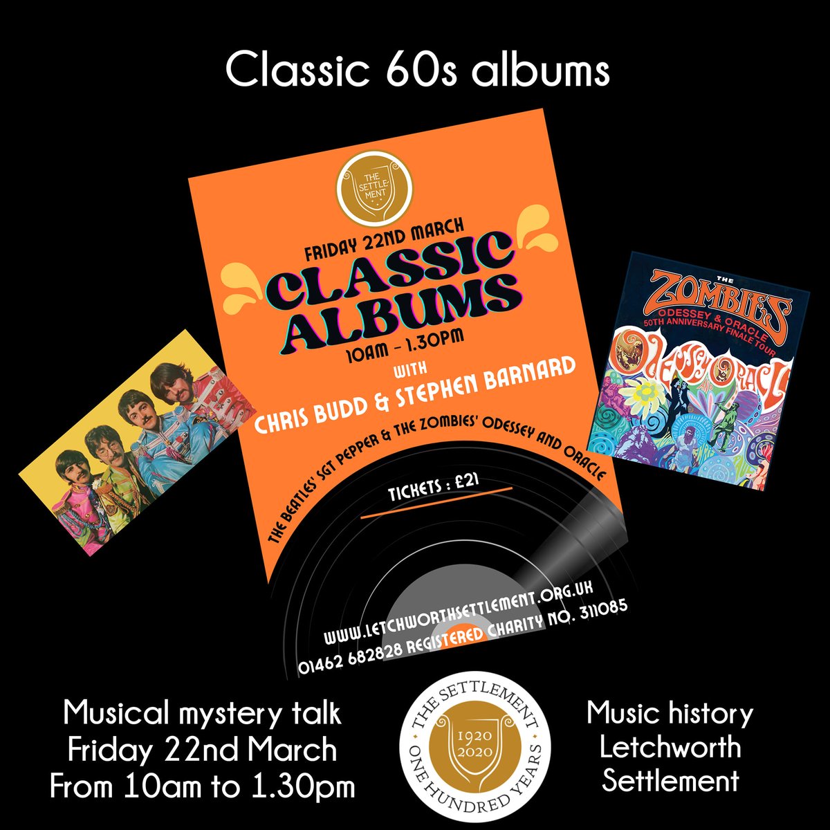 Two weeks from today Stephen Barnard and I will be talking about The Beatles' Sgt Pepper (him!) and The Zombies' Odessey and Oracle (me!) at <a href="/TSettlement/">TheSettlement</a> in Letchworth as part of our Classic Albums series. Don't miss it.  letchworthsettlement.org.uk/events/settlem…