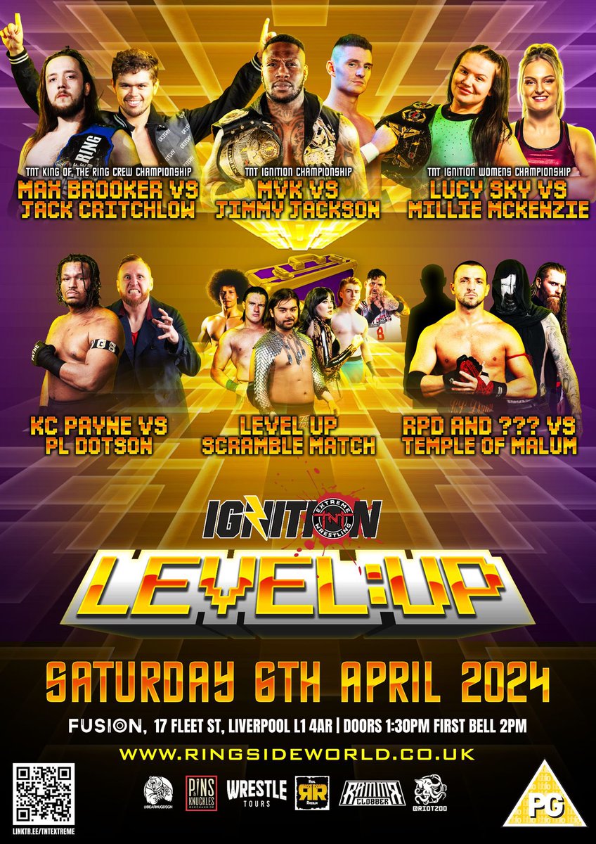 👾 LEVEL UP 👾 We're ready for another huge IGNition on April 6th! Featuring three huge title bouts plus the Level Up Briefcase coming back into play, you do NOT wanna miss this one! 🎟️ GET YOUR TICKETS HERE 🎟️ ringsideworld.co.uk/event6781/tnt-…