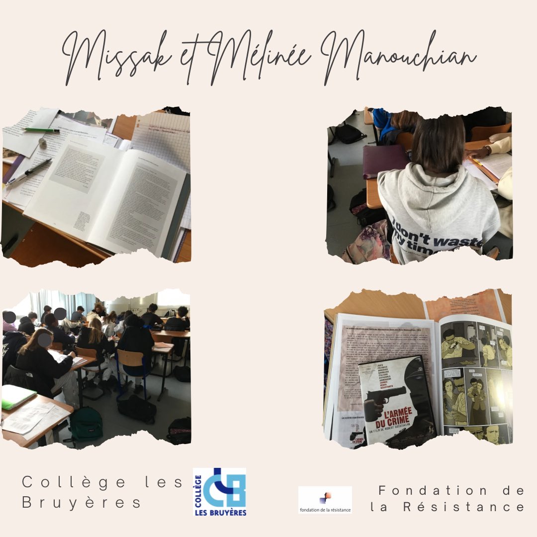 🏫Projet pédagogique autour de Missak et Melinée Manouchian au <a href="/ClgLesBruyeres/">Collège Les Bruyères Courbevoie</a> dans l’<a href="/acversailles/">Académie de Versailles</a> J2 : réflexion sur dire, écrire, représenter Manouchian et travail d’écriture littéraire. Projet co-construit et mis en œuvre par la Fondation et leur enseignante de français