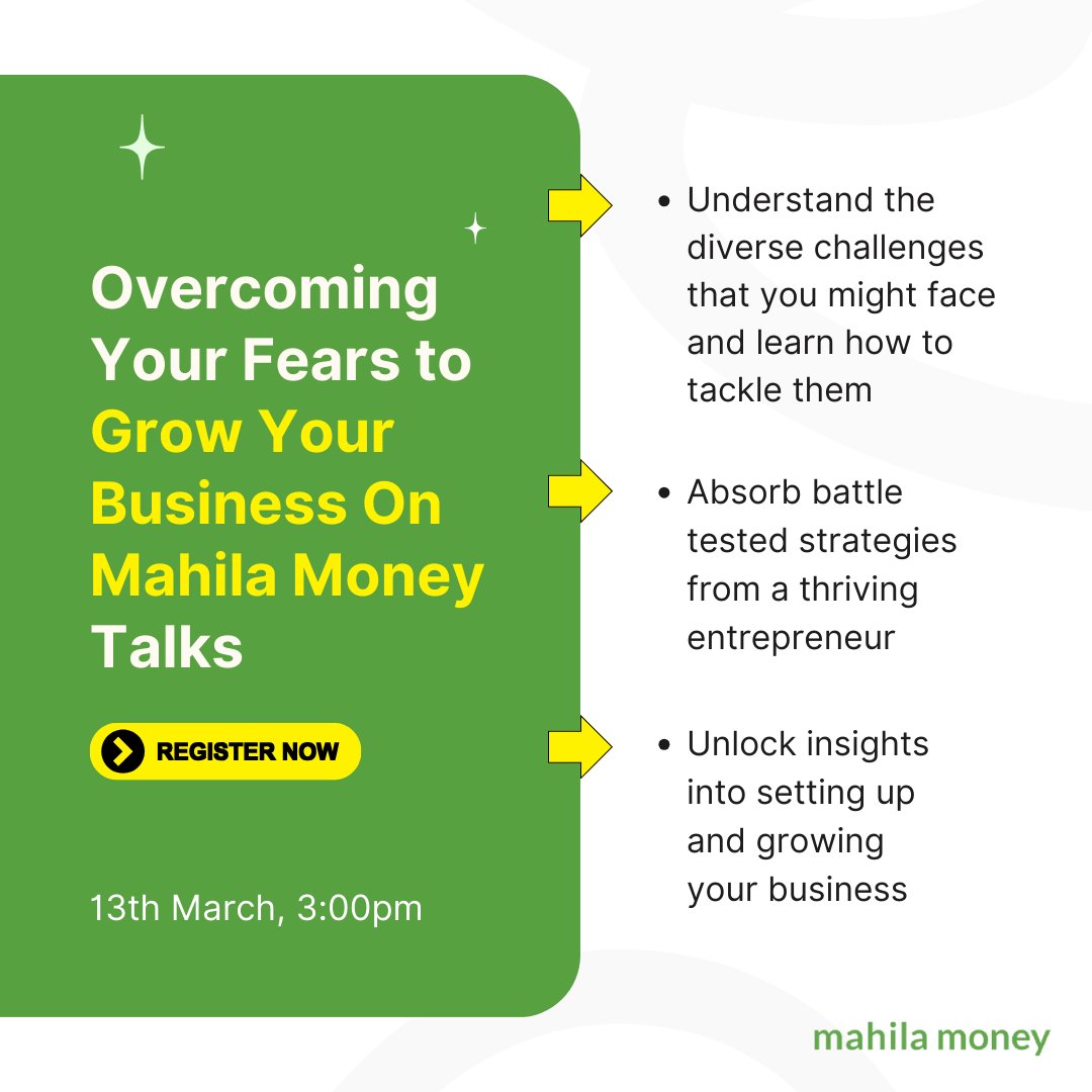 Dive into strategies that propel your business forward, turning challenges into stepping stones at Mahila Money Talks — Overcoming Your Fears To Grow Your Business w Siya Shaikh, Founder @gowomaniagoa 📅 13th Mar ⏰ 3-3:30 PM 📲 Mahila Money app Register forms.mahila.money/overcoming-you…