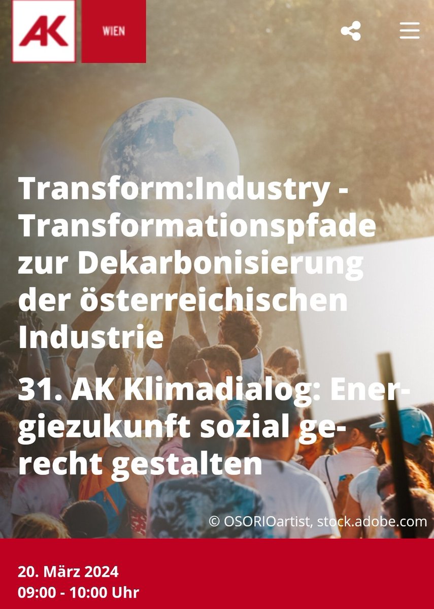 Am 20.3. findet wieder der #AK_Klimadialog in Koop. <a href="/EcologicalEcon/">Institute for Ecological Economics Vienna</a> <a href="/wu_vienna/">WU Vienna</a> statt. 

Alle Welt spricht derzeit über die Transformation der Industrie. Die Studie "Transform:Industry" zeigt wie sie in AT gelingen kann

Die Autoren Vom AIT präsentieren die Ergebnisse
<a href="/klimafonds/">Klima+Energiefonds</a>