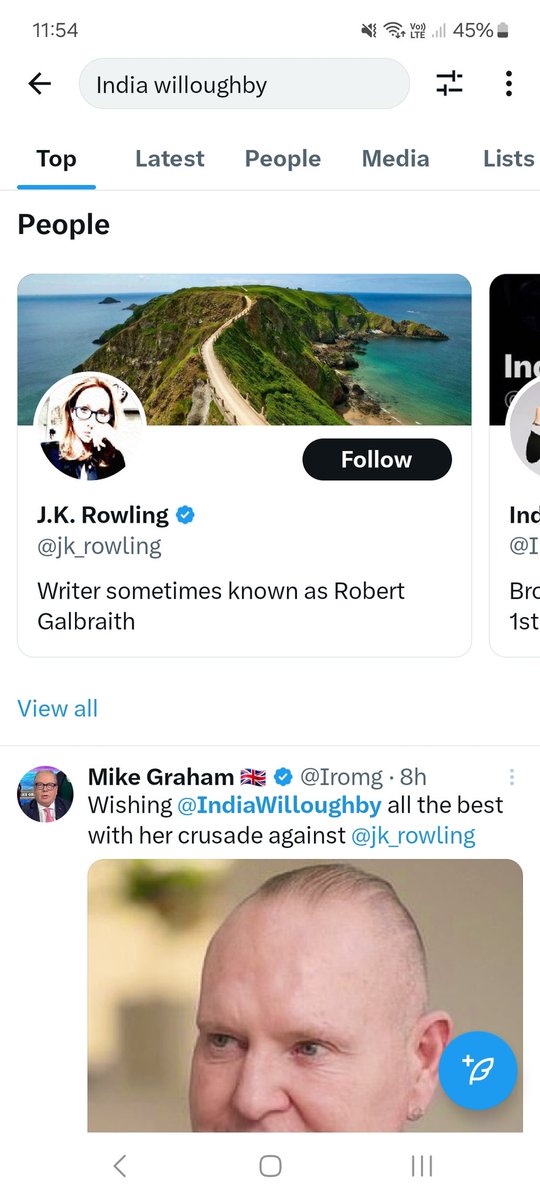 Type in <a href="/IndiaWilloughby/">India Willoughby</a> and <a href="/jk_rowling/">J.K. Rowling</a> is the first account that comes up. 🤣
