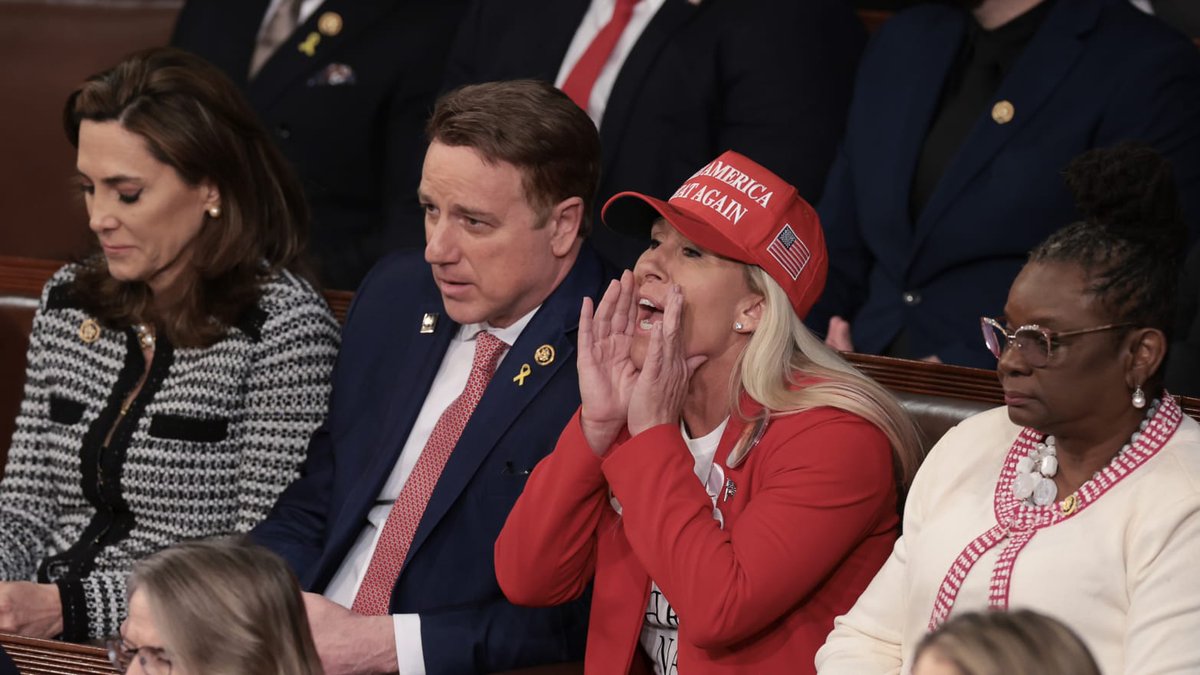 Magnusson32's tweet photo. So why was this rancid, attention seeking, TPT allowed to break with decorum ( and rules) and allowed to keep this cap on during the entirety of the State of the Union Speech?

She needs to be shut down once and for all.

#pathetic 
#Spinelessness
#OutofControl https://t.co/NVrAj4eqyO