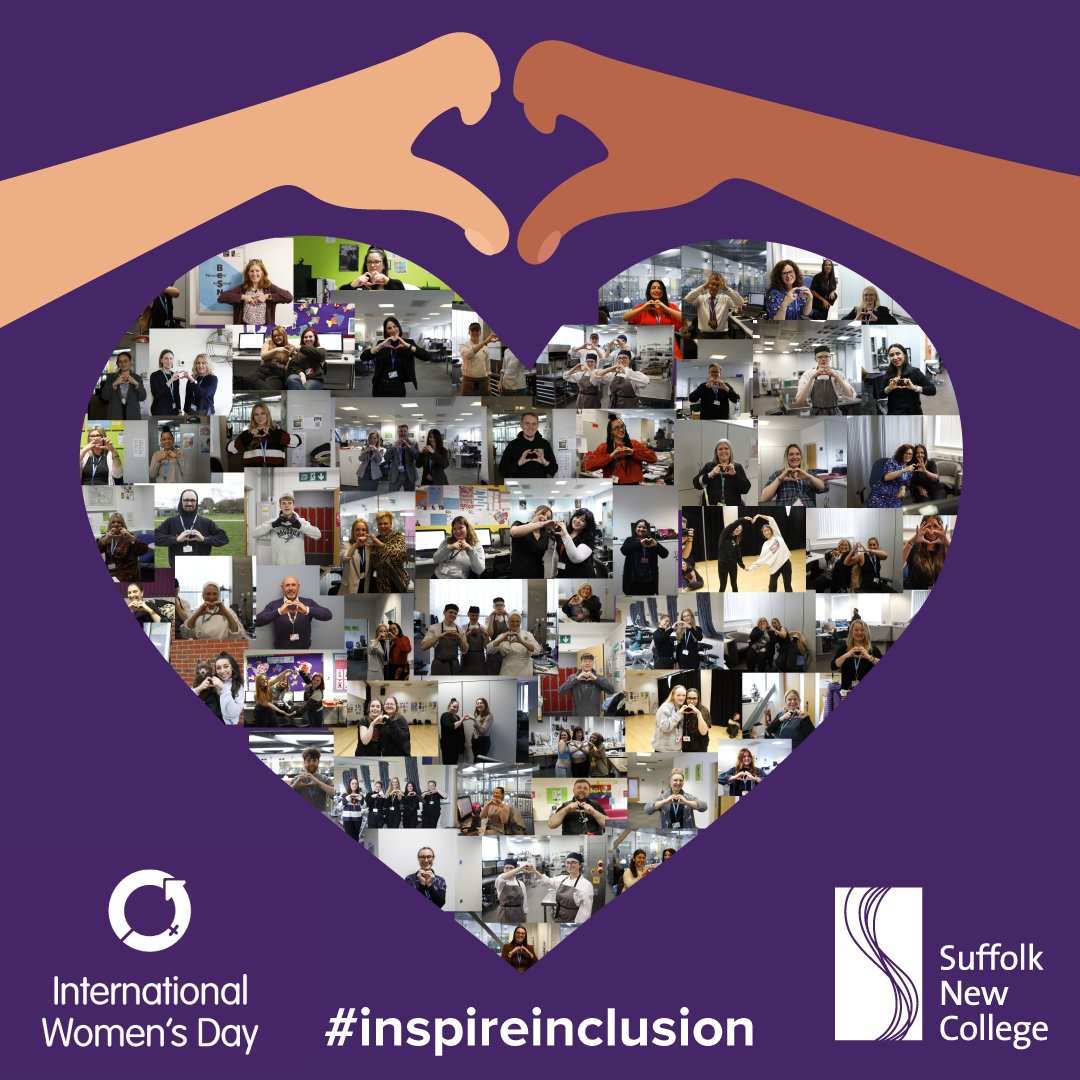 What better way to highlight our inclusive community on International Women's Day than a massive show of support from across our College! 👨‍👩‍👧‍👧💜💖 From all staff and learners, Happy #IWD2024 🤩🤩 #SuffolkNewCollege #SNC #BeSNC #Inclusive #InspireInclusion
